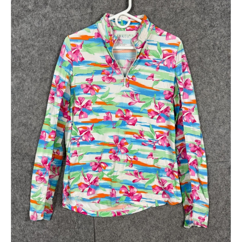 IBKUL Floral Mock Neck 1/4 Zip Long Sleeve Women's Small Pink Activewear